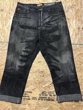 Vintage Y2K Akademiks Jeans Mens 40 Black Bleached Flame Print Denim Baggy